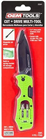 OEMTOOLS 25541 Cut and Drive Multi Tool, Drop Point Knife, Screwdriver, Bit Set, Ruler, and Bottle Opener, EDC, Contractor, HVAC Tool, Green and Black