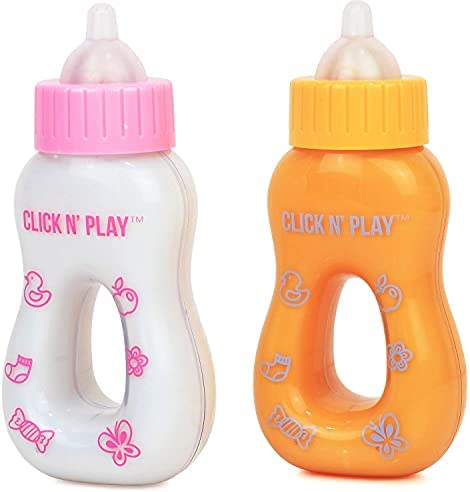 Click N' Play Magic Disappearing Baby Bottle Toy Set, Play Baby Bottles with Disappearing Milk & Juice, Baby Doll Accessories Toys for Kids & Toddlers, Great Gift for Little Girls Ages 2-4