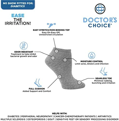 Doctor's Choice Diabetic Socks, No Show, Medium, Sock Size 9-11, White, 4 Pairs