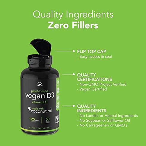 Vegan Vitamin D3 5000iu (125mcg) with Coconut Oil | 100% Plant-Based Vitamin D Supplement for Bone, Joint & Immune Support | Carrageenan Free, Vegan Certified & Non-GMO Verified (60 PlantGels)