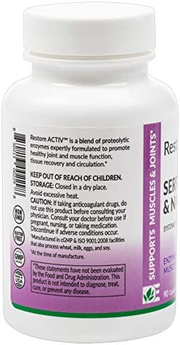 Restore ACTIV -Muscle, Joint & Tissue Support, Enteric-Coated Serrapeptase and Nattokinase - Systemic Enzymes | 90 Count