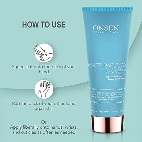 Onsen Japanese Anti Aging Hand Cream - Firming Hand Lotion Features Pagoda Flower Enzyme, Wasabi Extract Infusion, Hyaluronic Acid, and Shea Butter, for Clarified and Moisture Rich Skin (4.5 Oz)