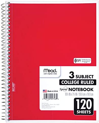 Mead Spiral Notebook, 3 Subject, College Ruled Paper(05748), 120 Sheets, 10-1/2" x 8", Assorted Color - 1 Count