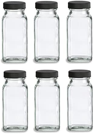 Nakpunar 6 pcs 6 oz French Square Glass Spice Jars with Shakers - Black lids and shaker insert