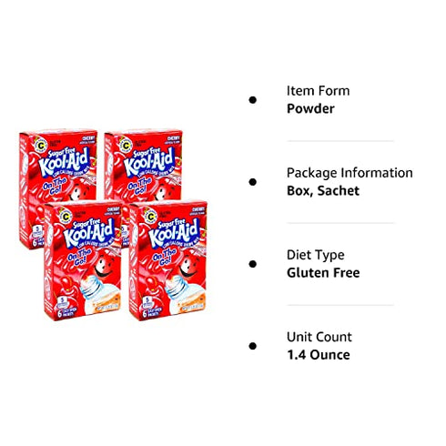 Kool-Aid Sugar Free Low Calorie Drink Mix 6 easy open packets (Pack of 4) Gluten Free (Cherry)