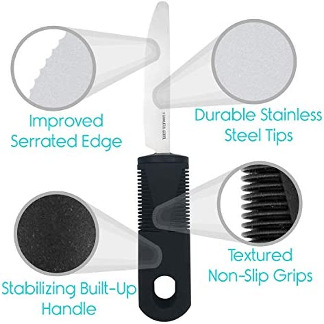 Vive Adaptive Utensil Set - Arthritis Aid Silverware for Parkinsons, Hand Tremors - Easy Grip for Shaking and Trembling Hands - Heavy Stainless Steel Spoon, Fork, Serrated Knife - Non Weighted Holder