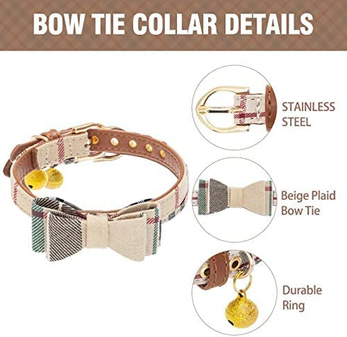 Bow Tie Dog Collar and Leash Set for Small Dogs - Puppy Leash Collars Classic Beige Plaid - Adjustable Size with Golden Bell - Perfect for Small Breeds Boys