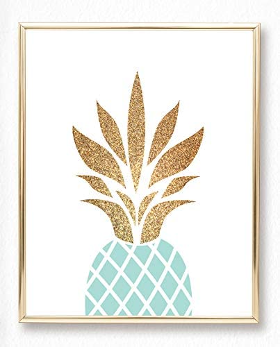 Brooke & Vine Gold Pineapple, She believed she could so she Did- Inspirational Teen Girl Room Wall Decor Art Prints (UNFRAMED 8 x 10) Women, Tween, Kids Motivational Wall Art for Bedroom, Office, Home - Gold Palm Aqua Pineapple
