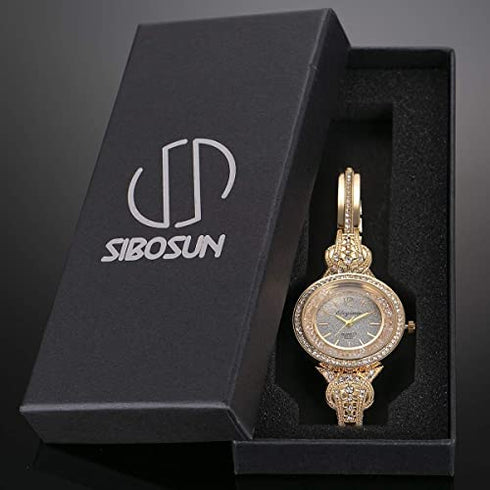 Lady Women Wrist Watch Gold Stainless Steel Crystal SIBOSUN Quartz Dress Bling Bracelet