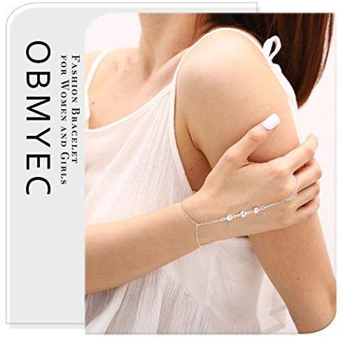 Obmyec Boho Crystal Finger Ring Bracelets Silver Rhinestone Hand Chain Slave Hand Harness Bracelet Accessories for Women and Girls
