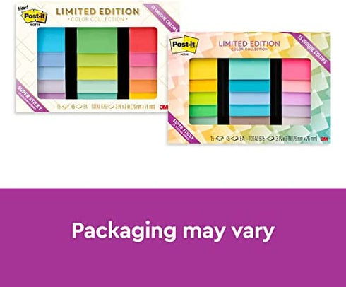 Post-it Super Sticky Notes, Limited Edition Color Collection, 3x3 in, 15 Pads/Pack, 45 Sheets/Pad (654-15SSALL)