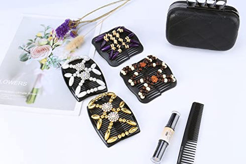 Aethland 4 Pcs Hair Combs for Women Accessories, Comby Magic Hair Comb for Women Wood Beaded Stretch Double Hair Side Combs Clips Elastic Beaded Hairpins Combs (Set A)