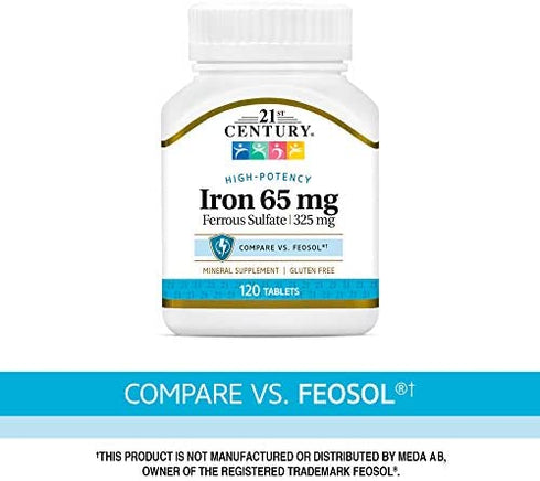 21st Century Iron 65 mg Ferrous Sulfate 325 mg Tablets, 120 Count
