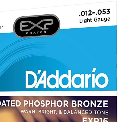 D’Addario EXP16 Coated Phosphor Bronze Acoustic Guitar Strings, Light, 12-53 – Offers a Warm, Bright and Well-Balanced Acoustic Tone and 4x Longer Life - With NY Steel for Strength and Pitch Stability