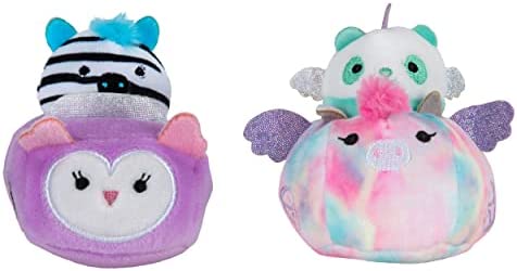Squishville by Squishmallows Felicia in Carriage & Zeke in Car, Two 2” Soft Mini-Squishmallow Pandacorn and Zebra Plush, Plush Carriage and Car Vehicles, Irresistibly Soft Colorful Plush