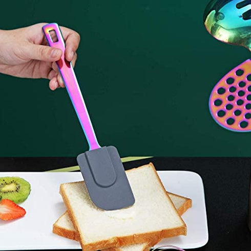 HOMQUEN Rainbow Silicone Spatulas, Stainless Steel Flexible Scrapers Baking Mixing Tool with Titanium Rainbow Plating, Rainbow Baking Tools, Heat Resistant, Dishwasher Safe
