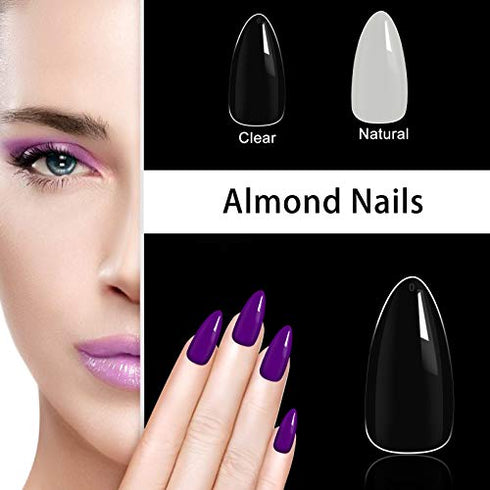 Acrylic Nail Tips 500 Pieces Fake Nail Tips - 10 Sizes Artificial False Nail Tips With Box - for Women Girls DIY Nails (Almond-Clear)