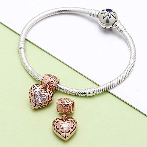ABUN Rose Gold Heart Dangle Charms with Clear CZ Stone 925 Sterling Silver Love Bead for Bracelet