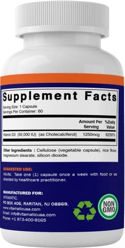 Vitamatic Vitamin D3 50,000 IU (as Cholecalciferol), Once Weekly Dose, 1250 mcg, 60 Veggie Capsules 1 Year Supply, Progressive Formula Helping Vitamin D Deficiencies (60 Count (Pack of 1))