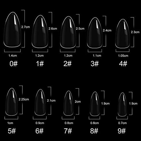 Acrylic Nail Tips 500 Pieces Fake Nail Tips - 10 Sizes Artificial False Nail Tips With Box - for Women Girls DIY Nails (Almond-Clear)