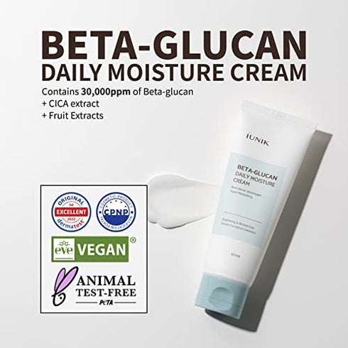 IUNIK Beta-Glucan Vegan Lightweight Non-Sticky Deep Moisture Watery Cream Lotion Daily Moisturizer Quick Absorption Dry Mature Sensitive Fine lines Skin Naturally-Derived Centella Vitamin Korean Skincare