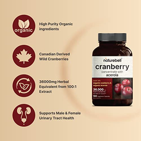 Double Strength Cranberry Pills, 36000mg Fresh Cranberries Equivalent, Made with Organic Wild Cranberry Extract Plus Acerola 25mg, 180 Vegan Capsules, Support Urinary Tract Health, Sugar Free, 2-Pack
