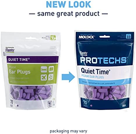 Flents Ear Plugs for Sleeping, Snoring, Loud Noise, Traveling, Concerts, Construction, & Studying, Made in the USA, NRR 33, Purple, 70 Pair