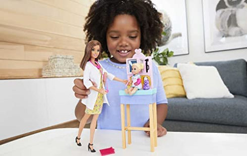 Barbie Pediatrician Playset, Brunette Doll (12-in), Exam Table, X-ray, Stethoscope, Tool, Clip Board, Patient Doll, Teddy Bear, Great Gift for Ages 3 Years Old & Up , White
