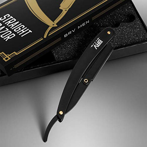 BRV MEN Professional GERMAN Steel Straight Edge Barber Razor - 100 Lord Platinum Single Edge Razor Blades - 100% German Stainless Steel Shavette - Shaving Knife For Men and Women - Black
