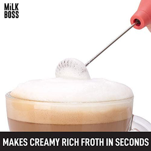 Milk Boss Mighty Milk Frother Handheld Whisk Mixer - Coffee Frother Electric Handheld Foam Maker & Frother For Coffee - Portable Electric Whisk With 16-Piece Stencils For Lattes, Matcha & More (Red)