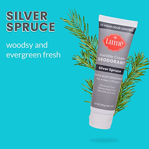 Lume Deodorant Cream Tube - Underarms and Private Parts - Aluminum Free, Baking Soda Free, Hypoallergenic, and Safe For Sensitive Skin - 3oz Tube (Silver Spruce)