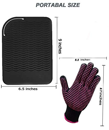Heat Resistant Glove with Heat Resistant Mat for Curling Iron, Hair Straightener, Flat Irons, Silicone Bump Glove, 9” x 6.5” Food Grade Silicone Mat, Black