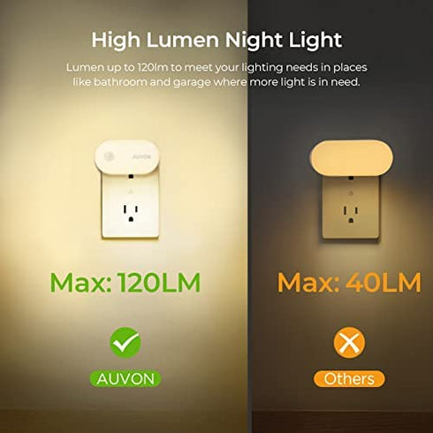 AUVON Night Light Plug in, Bright Motion Sensor Night Light (120 Lumens), Dimmable Smart LED Night Lights Plug Into Wall, 1-120lm Brightness Nightlight for Bathroom, Hallway, Garage, Toilet (4 Pack)