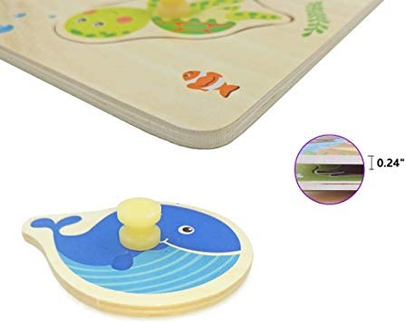 Wooden Peg Puzzle, Sea Creature Chunky Baby Puzzles, Colorful Wood Shape Puzzle Peg Board, Animal Knob Puzzle for Educational Toddlers 18 Months and Up, 11 Pieces