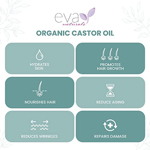 Eva Naturals Organic Castor Oil (60ml) - Promotes Hair, Eyebrow and Eyelash Growth - Diminishes Wrinkles and Signs of Aging - Hydrates and Nourishes Skin - 100% Pure - Cold Pressed, Premium Quality
