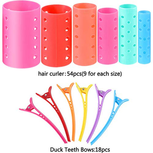 72 Pieces Magnetic Rollers Set 54 Pieces Plastic Hair Rollers and 18 Pieces Multicolor Plastic Duck Teeth Bows Hair Clips Hairdressing Curlers Tools for Men, Kids, Women