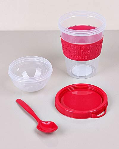 Titiz 20 oz Cereal On the Go Cups Portable Lux Yogurt Cereal To-Go Container with Top Lid Granola & Fruit Compartment (Red)