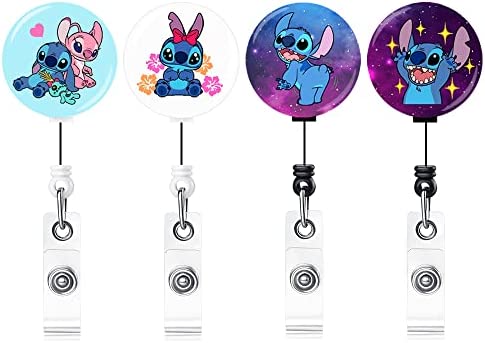 Qinsuee Cute Stitch Retractable Badge Holder,4 Pack Cartoon Id Badge Reel Belt Clip for Women Teacher Worker Nurse