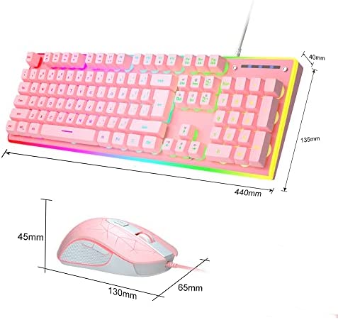 MageGee Gaming Keyboard and Mouse Combo, True RGB Backlit Membrane Office Keyboard, 104 Keys Metal Panel USB Quiet Wired Keyboard for Windows Laptop PC - Pink