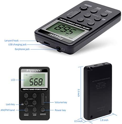 Pocket Small Radio by Flyoukki, Personal Mini AM FM Portable Digital Tuning Transistor Radios with Best Reception, Earphones, Lanyard and Rechargeable Battery for Walking Jogging Exercising (Black)