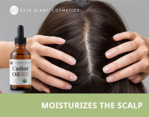Castor Oil (2oz), USDA Certified Organic, 100% Pure, Cold Pressed, Hexane Free by Kate Blanc Cosmetics. Stimulate Growth for Eyelashes, Eyebrows, Hair. Skin Moisturizer & Hair Treatment Starter Kit
