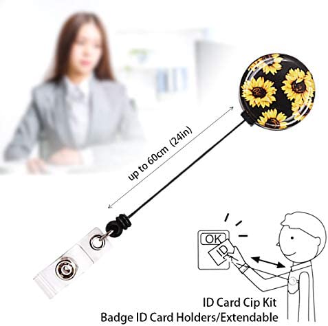 Beacil Fashion Sunflower Lanyard ID Card Clip Kit,Women Girls Nurse Reversible Detachable Key Chain Lanyard and Retractable ID Card with Horizontal Name Badge Holder,for Keys USB ID Card Phone