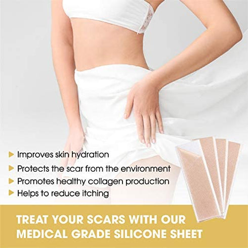 Silicone Scar Removal Sheets, Scar Away Silicone Scars Sheets for C-Section, Acne, Surgery Injuries, Keloid, Burn, Stretch Marks, Works on Recent & Old Scars, 4 Sheets 5.7’’ x 1.57”