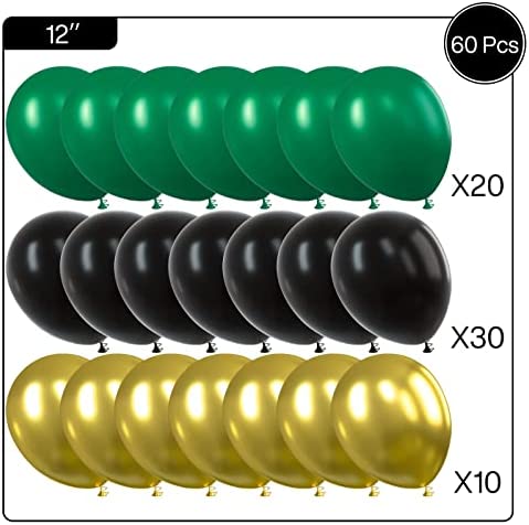PartyWoo Black Gold and Green Balloons, 60 Pcs 12 Inch Green Balloons, Black Balloons and Gold Balloons, Green Gold Black Balloons for Black Party Decorations, Green Birthday Decorations