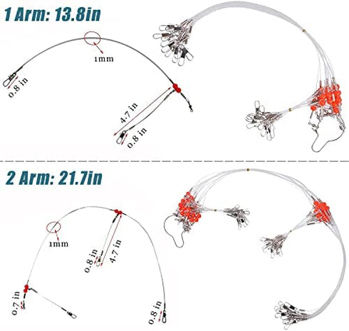 Fishing Leaders Tackle Rigs 12PCS High Strength Wire Trace Leader 2 Arm Fishing Rigs with Swivels Snaps Beads Fishing Line Tackle for Lures Bait Hooks Rig
