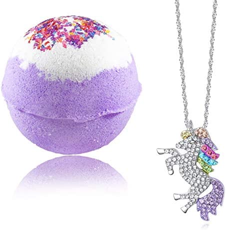 Unicorn Bubble Bath Bomb with Unicorn Necklace Inside. Extra Large Bath Ball (8 oz) in Giftable Box, 100% Natural Ingredients for Sensitive Skin. Gift on Easter, Birthday, Mother Day, Xmas