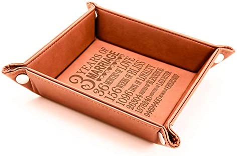 Kate Posh - 3 Years of Marriage Engraved Leather Catchall Valet Tray, Our 3rd Wedding Anniversary, 3 Years as Husband & Wife, Gifts for Her, for Him, for Couples (Rawhide)