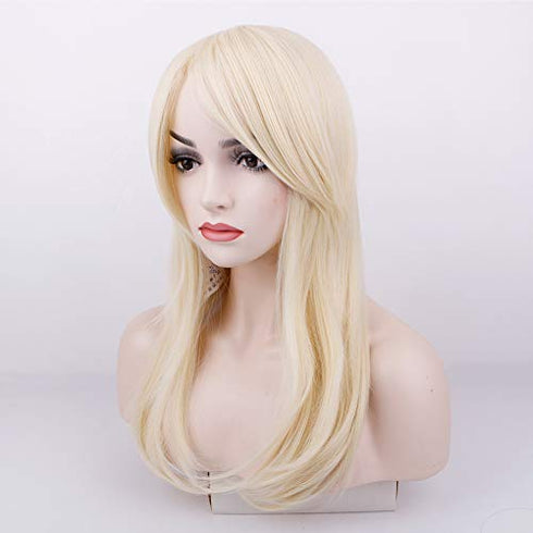 QUEENTAS Platinum Blonde Wig for Women with Side Bangs Layered Long Straight Free Part None Lace Synthetic Hair (Platinum Blonde)