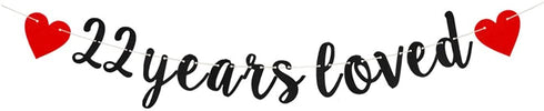 22 Years Loved Banner For Wedding Anniversary Birthday Party Decorations Pre-Strung Black Glitter Paper Banner Black yujiaonly