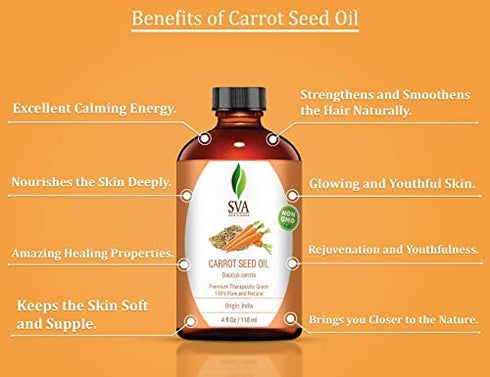 SVA Organics Carrot Seed Carrier Oil with Dropper- 118 ml (4 fl. oz.) 100% Pure, Natural, Cold Pressed and Therapeutic Grade for Moisturized Skin, Shiny Hair, Aromatherapy & Massage